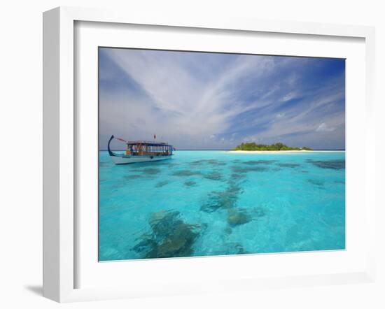 Dhoni and Deserted Island, Maldives, Indian Ocean, Asia-Sakis Papadopoulos-Framed Photographic Print