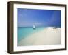 Dhoni and Lounge Chairs on Tropical Beach, Maldives, Indian Ocean-Papadopoulos Sakis-Framed Photographic Print