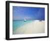 Dhoni and Lounge Chairs on Tropical Beach, Maldives, Indian Ocean-Papadopoulos Sakis-Framed Photographic Print