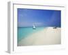 Dhoni and Lounge Chairs on Tropical Beach, Maldives, Indian Ocean-Papadopoulos Sakis-Framed Photographic Print