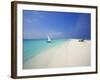 Dhoni and Lounge Chairs on Tropical Beach, Maldives, Indian Ocean-Papadopoulos Sakis-Framed Photographic Print