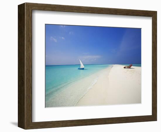 Dhoni and Lounge Chairs on Tropical Beach, Maldives, Indian Ocean-Papadopoulos Sakis-Framed Photographic Print