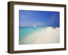 Dhoni and Lounge Chairs on Tropical Beach, Maldives, Indian Ocean-Papadopoulos Sakis-Framed Photographic Print