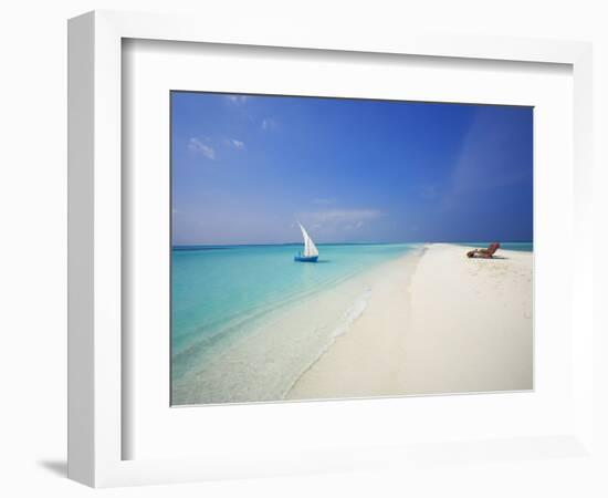 Dhoni and Lounge Chairs on Tropical Beach, Maldives, Indian Ocean-Papadopoulos Sakis-Framed Photographic Print