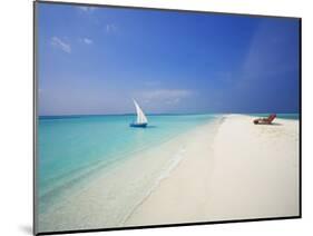 Dhoni and Lounge Chairs on Tropical Beach, Maldives, Indian Ocean-Papadopoulos Sakis-Mounted Photographic Print