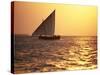 Dhow in Silhouette on the Indian Ocean at Sunset, off Stone Town, Zanzibar, Tanzania, East Africa-Lee Frost-Stretched Canvas