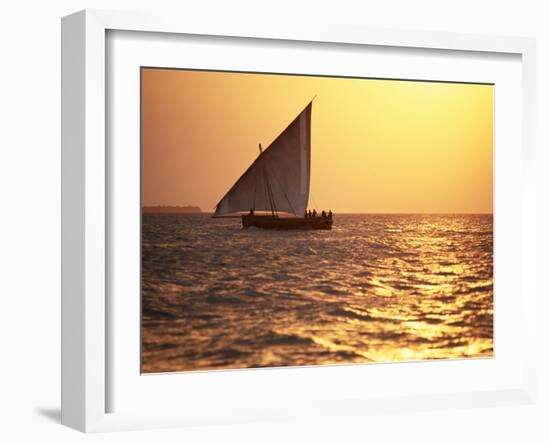 Dhow in Silhouette on the Indian Ocean at Sunset, off Stone Town, Zanzibar, Tanzania, East Africa-Lee Frost-Framed Photographic Print