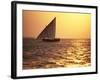 Dhow in Silhouette on the Indian Ocean at Sunset, off Stone Town, Zanzibar, Tanzania, East Africa-Lee Frost-Framed Photographic Print