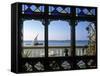 Dhow Through Window, Zanzibar, Tanzania-Peter Adams-Framed Stretched Canvas