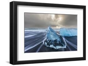 Diamond ice chards from calving icebergs on black sand beach, Jokulsarlon, south Iceland-Chuck Haney-Framed Photographic Print