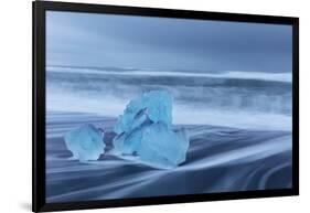 Diamond ice chards from calving icebergs on black sand beach, Jokulsarlon, south Iceland-Chuck Haney-Framed Photographic Print