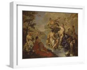 Diana with the Nymphs and Actaeon Devoured by Dogs-Giambattista Pittoni-Framed Art Print