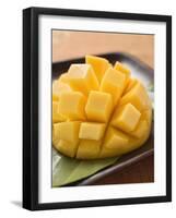 Diced Mango Still Attached to the Skin on Brown Plate-null-Framed Premium Photographic Print