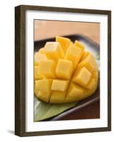 Diced Mango Still Attached to the Skin on Brown Plate-null-Framed Photographic Print