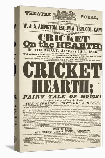 Dickens Playbill: 'The Cricket on the Hearth' at Theatre Royal, Derby, January 15th, 1846-null-Stretched Canvas