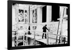 Diego Rivera Painting the East Wall of 'Detroit Industry' (B/W Photo)-null-Framed Giclee Print