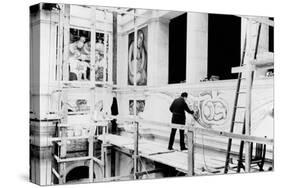Diego Rivera Painting the East Wall of 'Detroit Industry' (B/W Photo)-null-Stretched Canvas