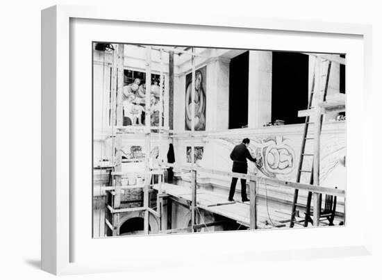 Diego Rivera Painting the East Wall of 'Detroit Industry' (B/W Photo)-null-Framed Giclee Print