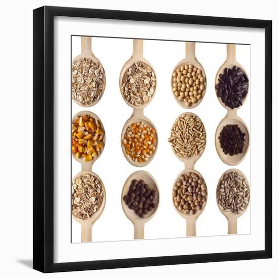 Different Type Of Seeds On Wooden Spoon-adamr-Framed Art Print