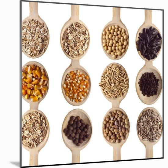 Different Type Of Seeds On Wooden Spoon-adamr-Mounted Art Print