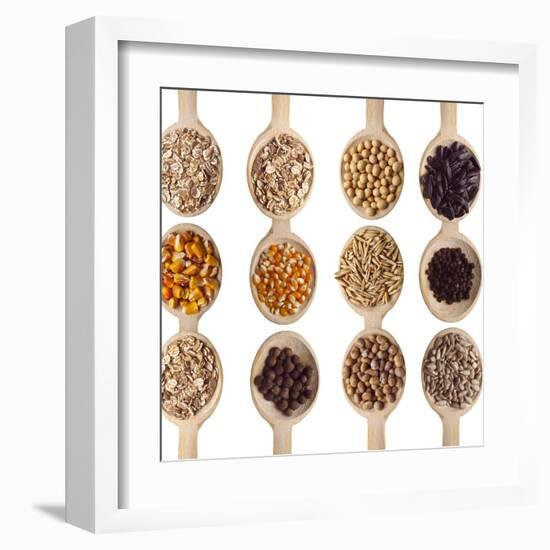 Different Type Of Seeds On Wooden Spoon-adamr-Framed Art Print