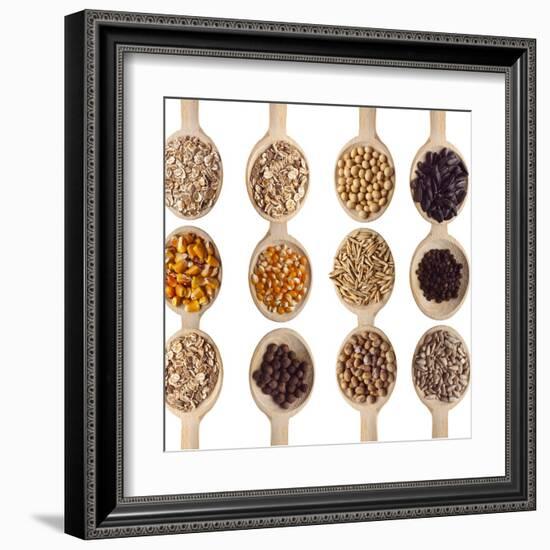 Different Type Of Seeds On Wooden Spoon-adamr-Framed Art Print