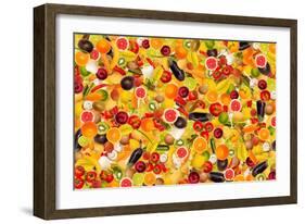 Different Types Of Fruit And Vegetables As Background, Colorful-pasiphae-Framed Art Print