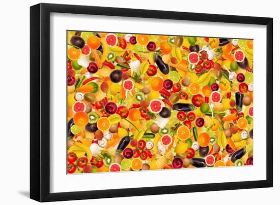 Different Types Of Fruit And Vegetables As Background, Colorful-pasiphae-Framed Art Print