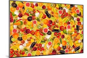 Different Types Of Fruit And Vegetables As Background, Colorful-pasiphae-Mounted Art Print