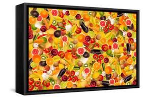 Different Types Of Fruit And Vegetables As Background, Colorful-pasiphae-Framed Stretched Canvas