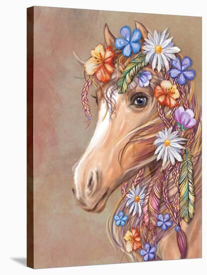 Digital Art - a Horse's Head with Flowers and Feathers in Hippie Style. Bohemian Chic.-yulianas-Stretched Canvas