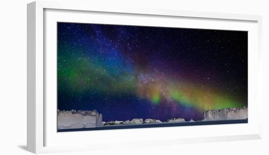Digital Composite - Aurora Borealis or Northern Lights in Iceland and Icebergs in Greenland-null-Framed Photographic Print