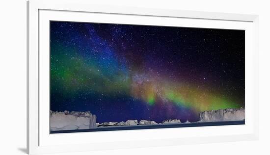 Digital Composite - Aurora Borealis or Northern Lights in Iceland and Icebergs in Greenland-null-Framed Photographic Print