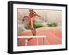 Digital Composite Image of Female Athlete Jumping above the Hurdle against Cityscape Background-vectorfusionart-Framed Photographic Print