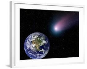 Digital Composite of a Comet Heading Towards Earth-Stocktrek Images-Framed Photographic Print