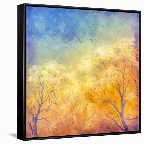 Digital Oil Painting Autumn Trees, Flying Birds-kostins-Framed Stretched Canvas
