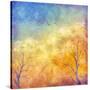 Digital Oil Painting Autumn Trees, Flying Birds-kostins-Stretched Canvas