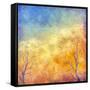 Digital Oil Painting Autumn Trees, Flying Birds-kostins-Framed Stretched Canvas