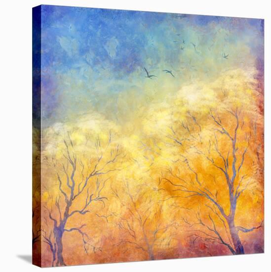 Digital Oil Painting Autumn Trees, Flying Birds-kostins-Stretched Canvas