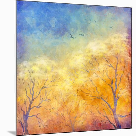 Digital Oil Painting Autumn Trees, Flying Birds-kostins-Mounted Premium Giclee Print