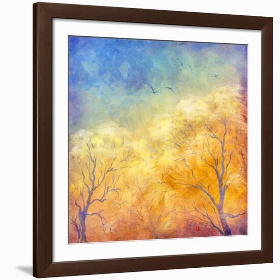 Digital Oil Painting Autumn Trees, Flying Birds-kostins-Framed Art Print