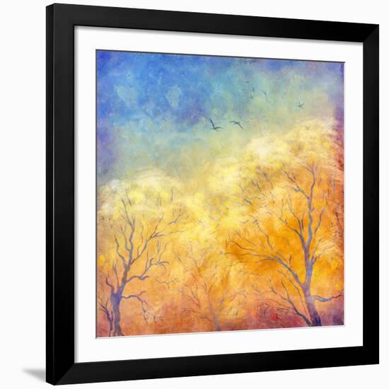 Digital Oil Painting Autumn Trees, Flying Birds-kostins-Framed Art Print