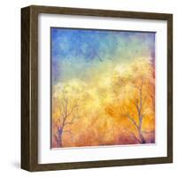 Digital Oil Painting Autumn Trees, Flying Birds-kostins-Framed Art Print