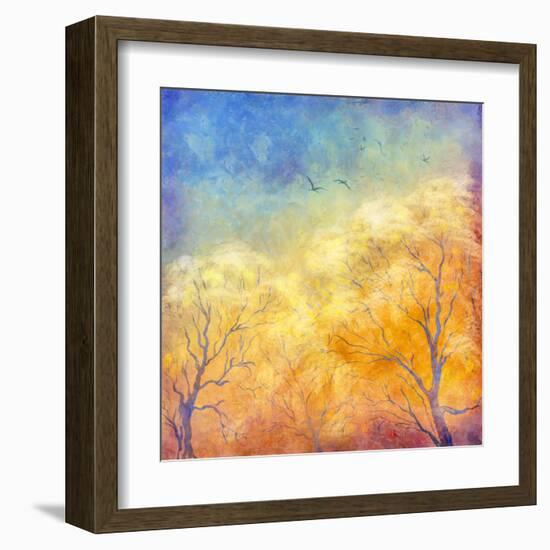 Digital Oil Painting Autumn Trees, Flying Birds-kostins-Framed Art Print