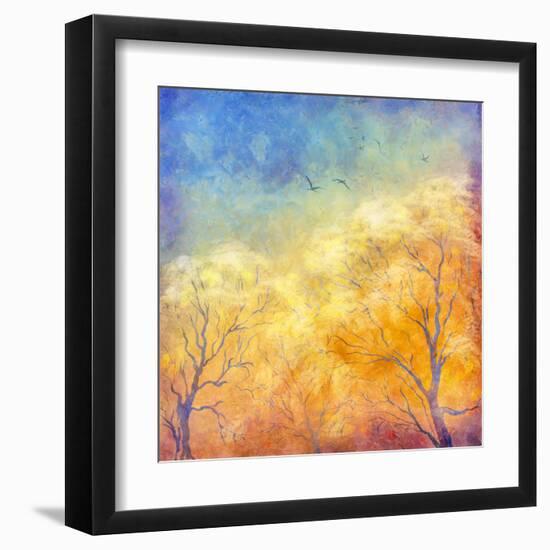 Digital Oil Painting Autumn Trees, Flying Birds-kostins-Framed Art Print