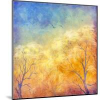 Digital Oil Painting Autumn Trees, Flying Birds-kostins-Mounted Art Print