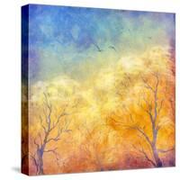 Digital Oil Painting Autumn Trees, Flying Birds-kostins-Stretched Canvas