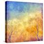 Digital Oil Painting Autumn Trees, Flying Birds-kostins-Stretched Canvas