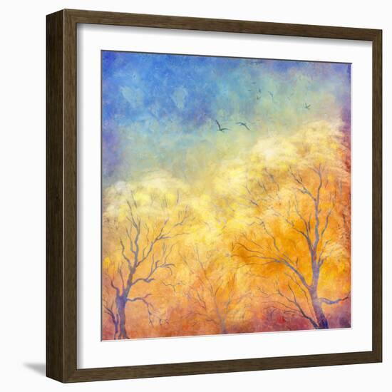 Digital Oil Painting Autumn Trees, Flying Birds-kostins-Framed Art Print