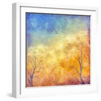 Digital Oil Painting Autumn Trees, Flying Birds-kostins-Framed Art Print